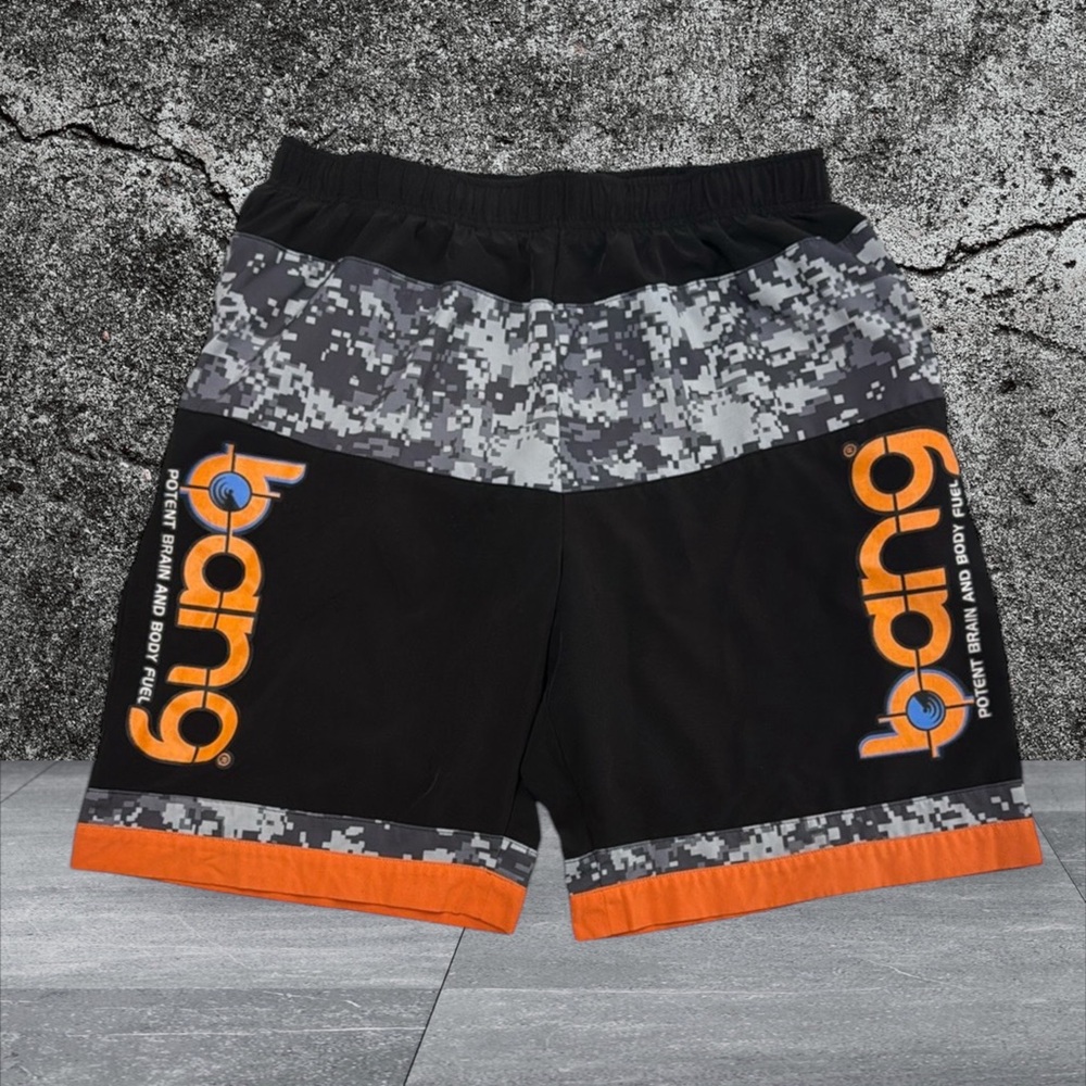 Bang Energy Drink Potent Brain and Body Fuel Black Gray Graphic Gym Shorts MD